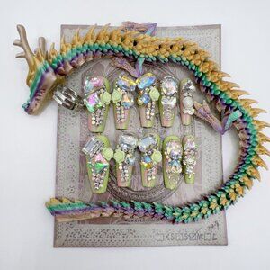 Luxury Dragon Ring Press-On Nails | Rhinestone 3D Flower | Long Coffin